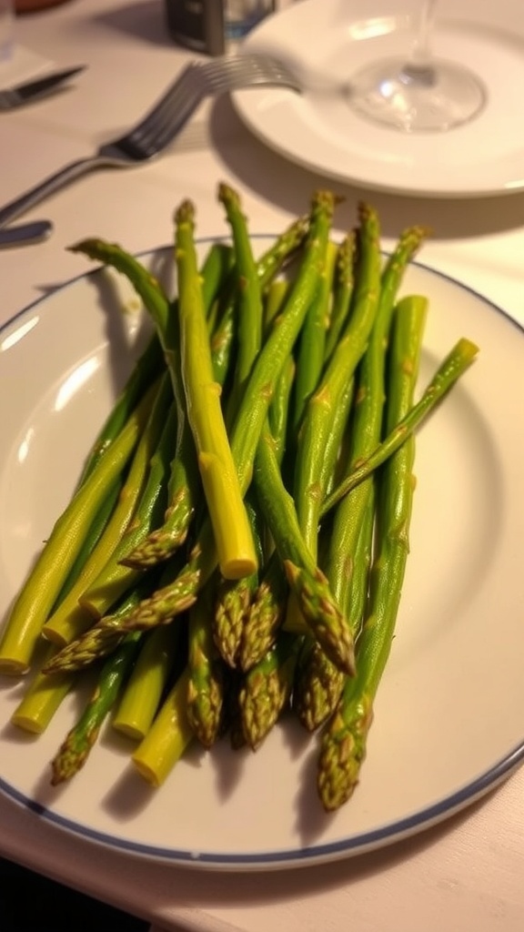 A plate of blanched asparagus stalks, neatly arranged.