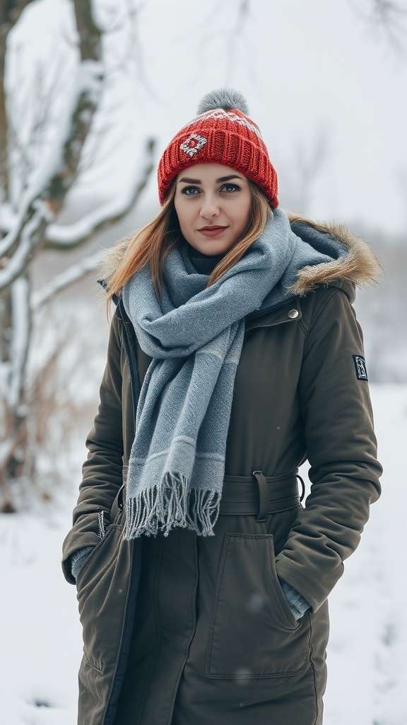 A man in a heavy winter coat with a fur-lined hood standing in the snow.