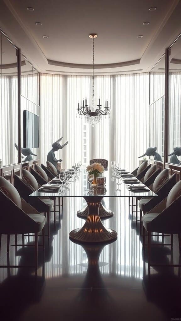 A modern dining room featuring a reflective table, mirrored walls, and elegant decor.