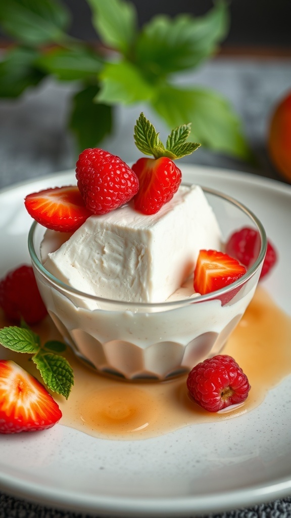 A creamy tofu dessert topped with strawberries and raspberries, garnished with mint leaves.