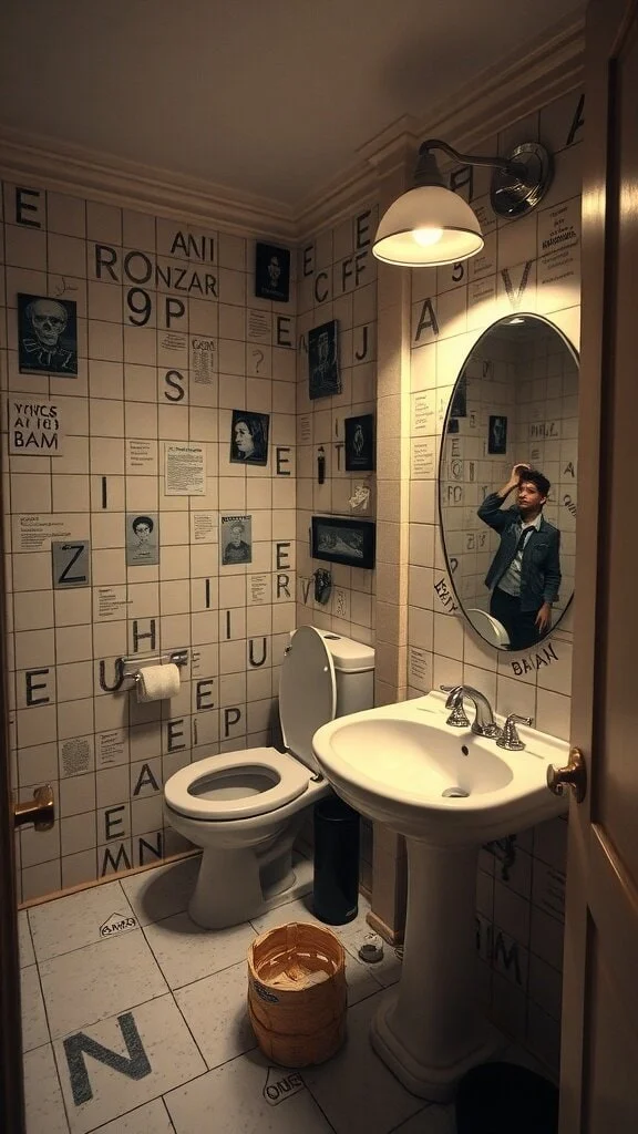 A bathroom with unusual artwork on the walls, featuring letters and strange images.