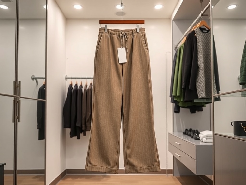 A pair of stylish beige wide-leg pants hanging in a closet.