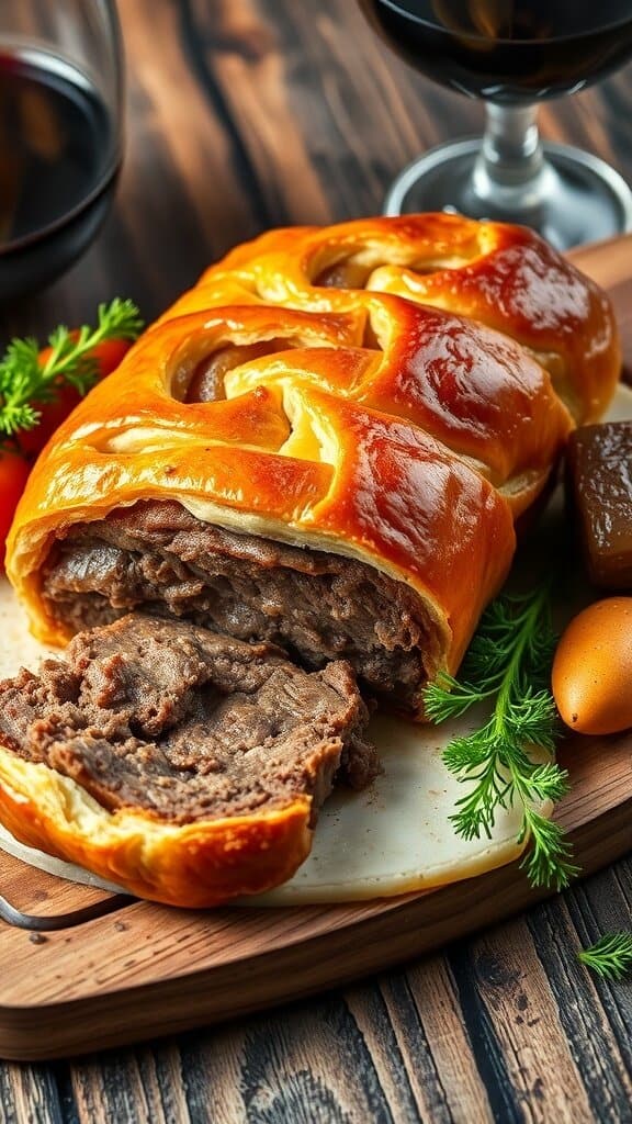 A beautifully baked Beef Wellington with a golden crust and savory filling, served with wine.