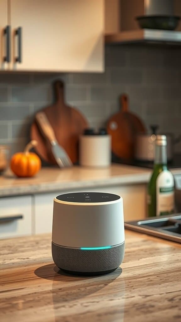 A voice-activated assistant on a kitchen counter with modern decor.