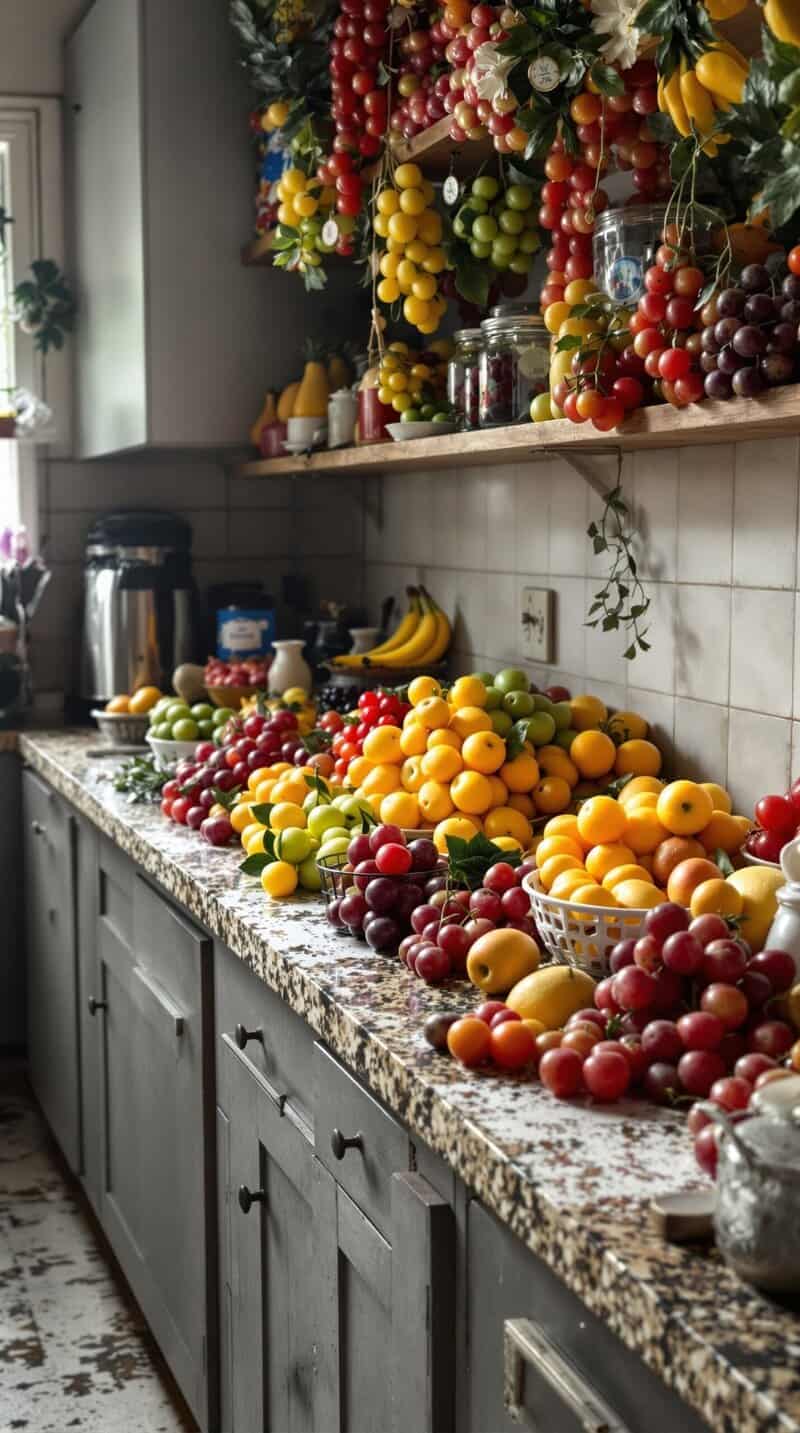 A kitchen filled with vibrant fake fruits displayed on countertops and shelves.