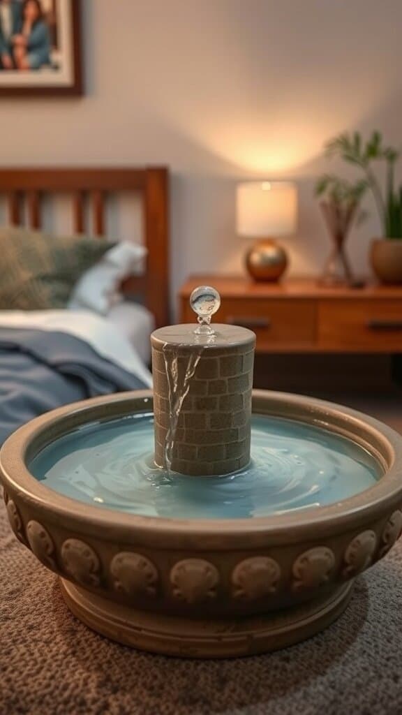 A small indoor water fountain in a cozy bedroom setting.