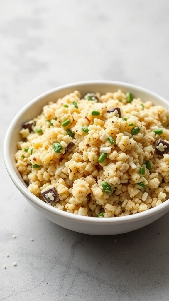 A bowl of unseasoned quinoa salad with diced vegetables