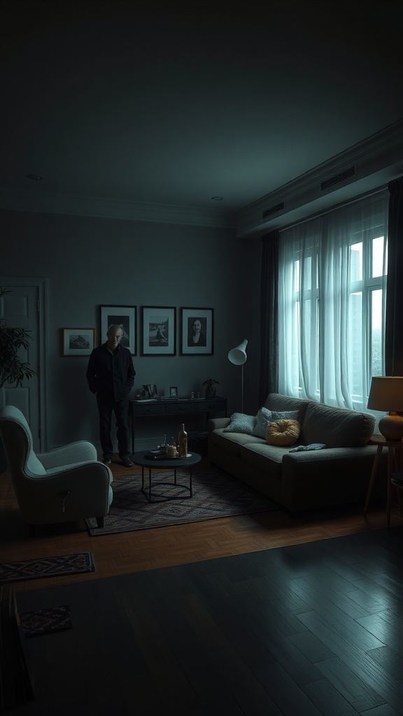A dimly lit living room with a man standing, highlighting inadequate lighting.