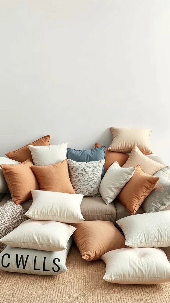 A couch covered with an excessive number of throw pillows in various colors and patterns.