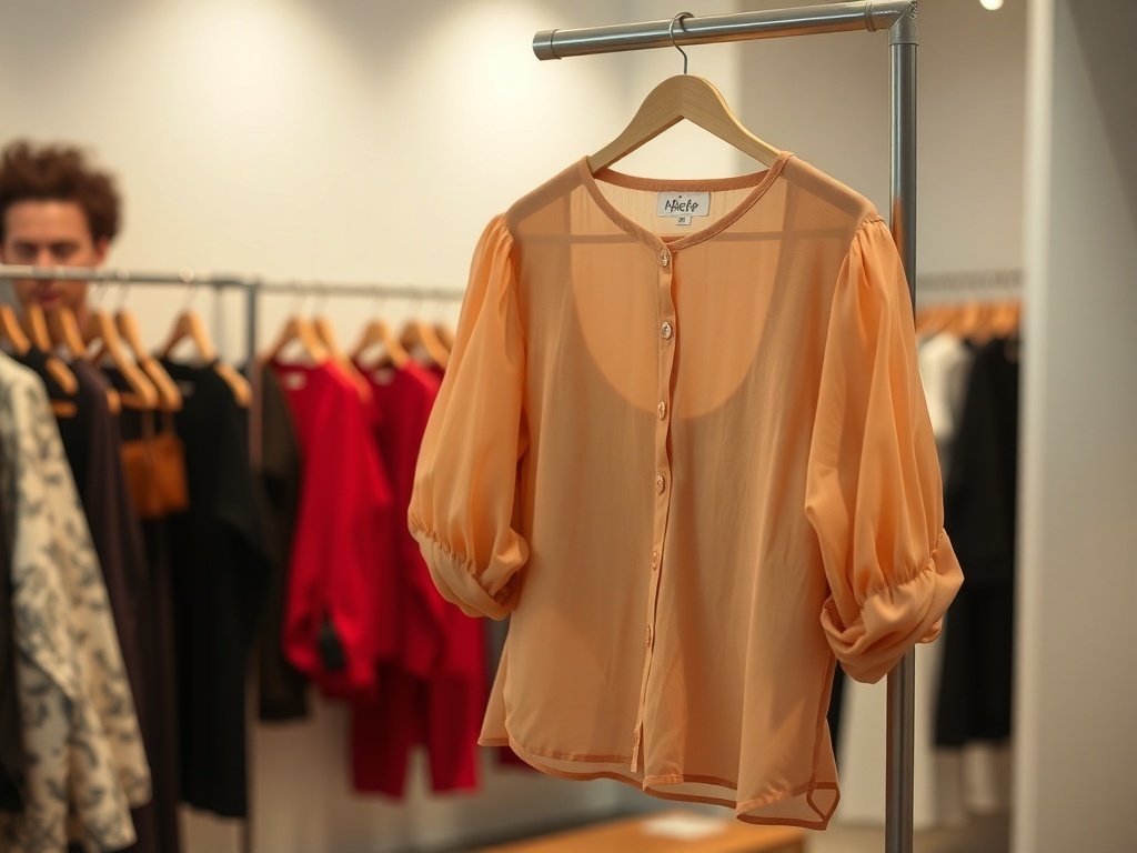 A soft peach chiffon blouse hanging on a rack in a clothing store, showcasing its lightweight fabric and puffed sleeves.
