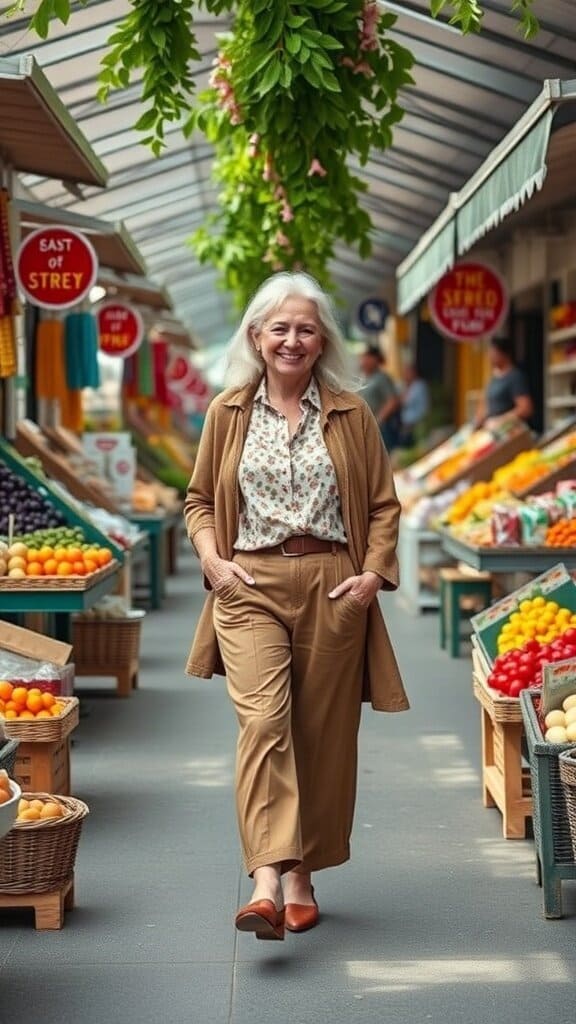 A confident woman over 50 walking through a market, wearing a floral shirt and beige trousers.