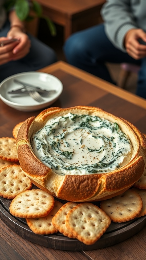 A cold spinach dip in a bread bowl surrounded by crackers on a wooden platter.