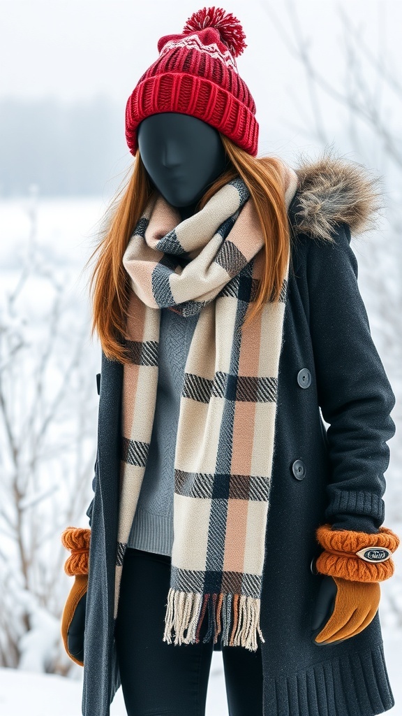 A winter outfit featuring a red beanie, plaid scarf, and orange gloves.