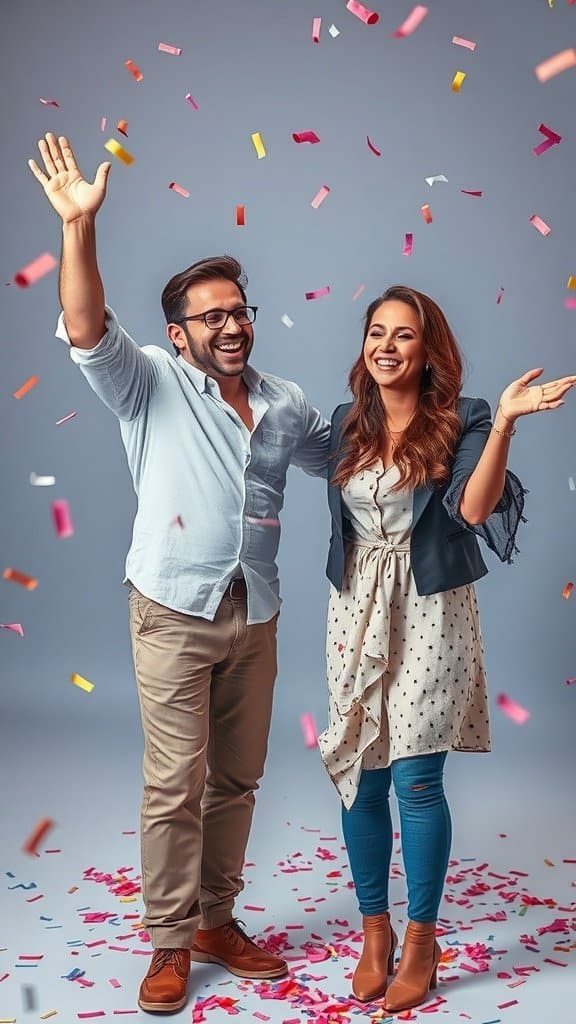 A happy couple celebrating with confetti, showcasing joy and support.