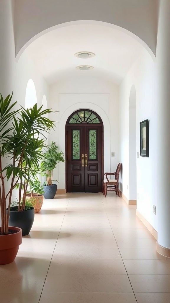 A bright entryway with potted plants and a wooden door