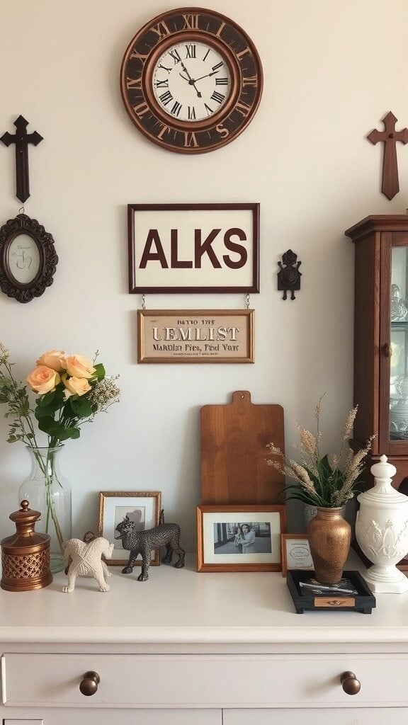 A cozy display of family heirlooms including a clock, flowers, and decorative items on a shelf.