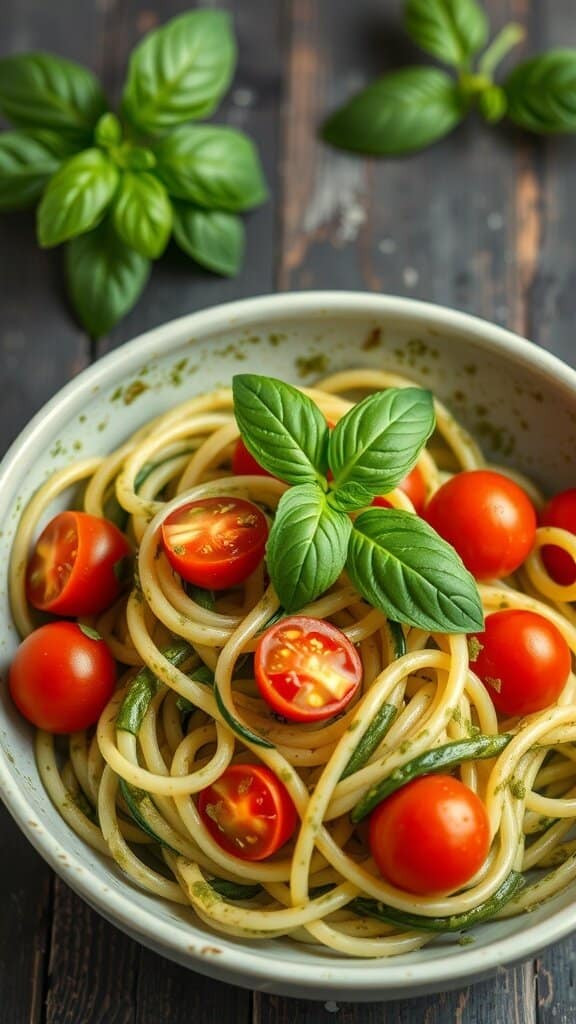 A bowl of zucchini noodles with pesto and cherry tomatoes garnished with fresh basil leaves.