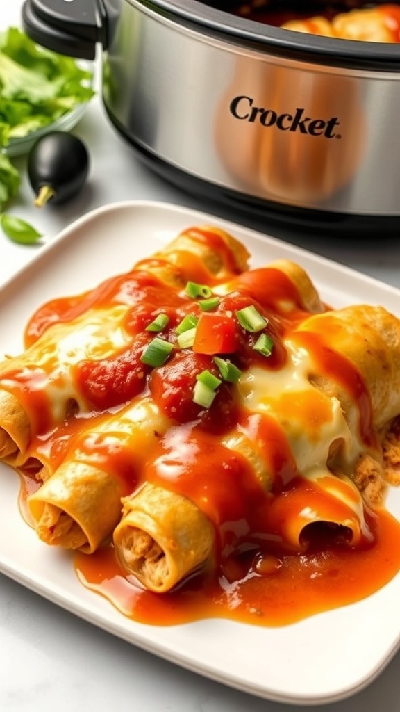A plate of chicken enchiladas topped with red sauce, cheese, and fresh toppings next to a crockpot.