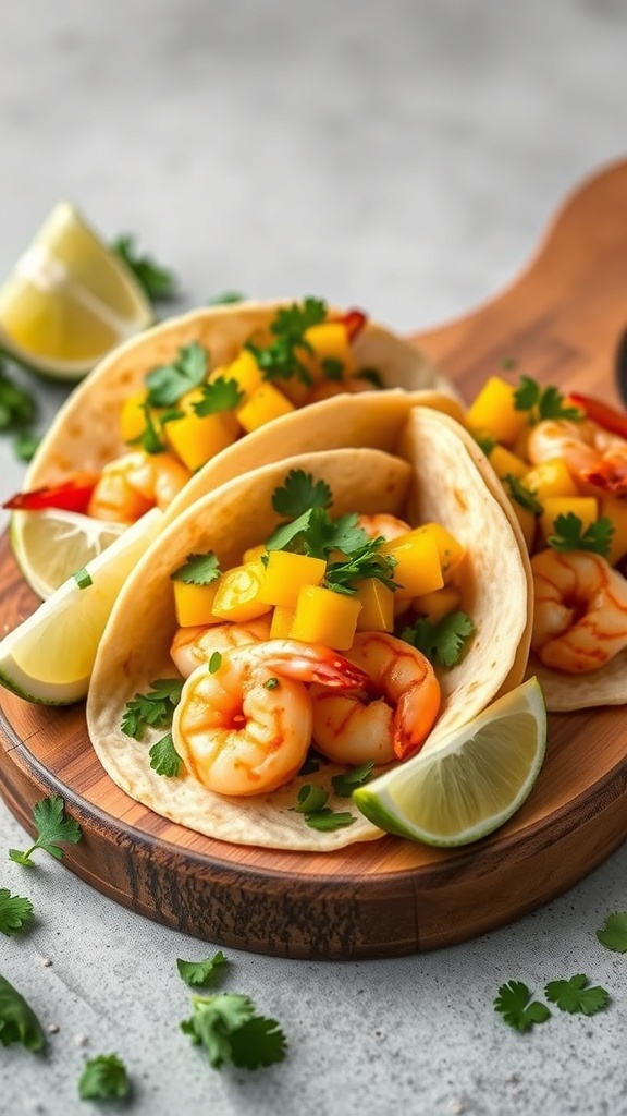 Shrimp tacos with mango salsa on a wooden board