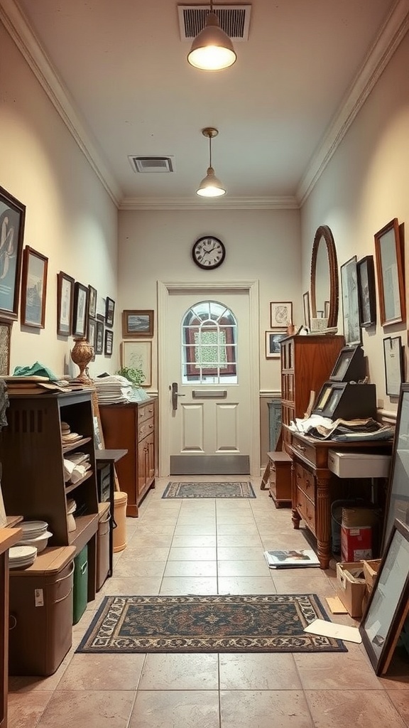 A narrow entryway with clutter on both sides, creating an unclear pathway.