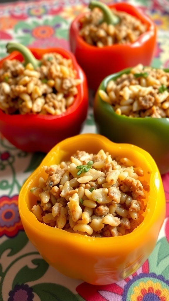 Colorful stuffed bell peppers filled with rice and meat on a vibrant patterned tablecloth.