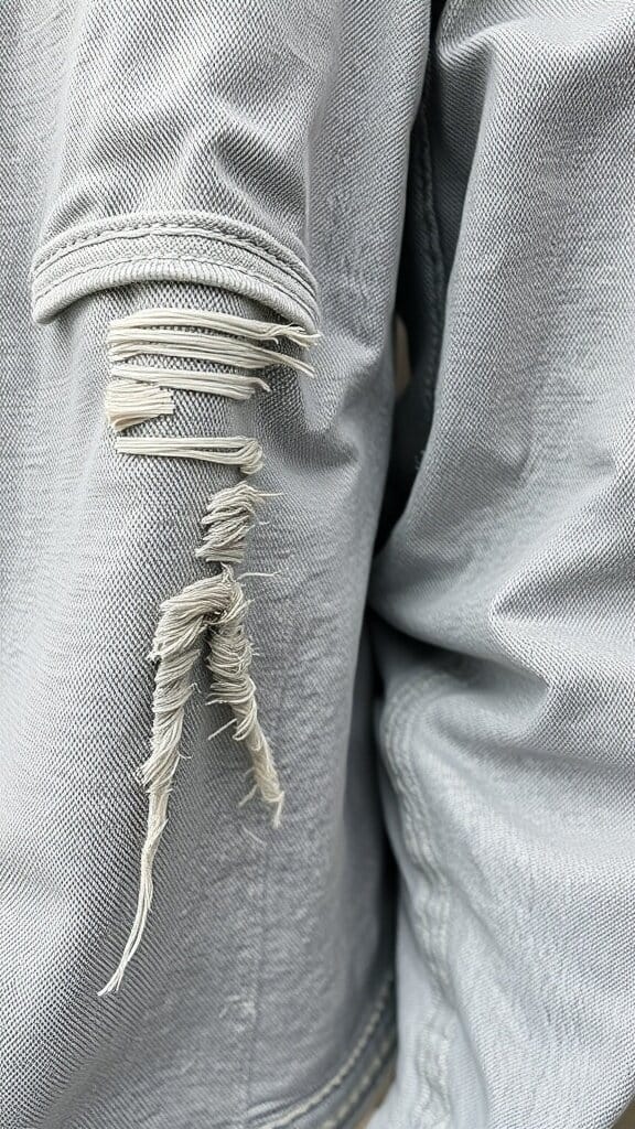 Close-up of a distressed fabric showing frayed edges and wear.