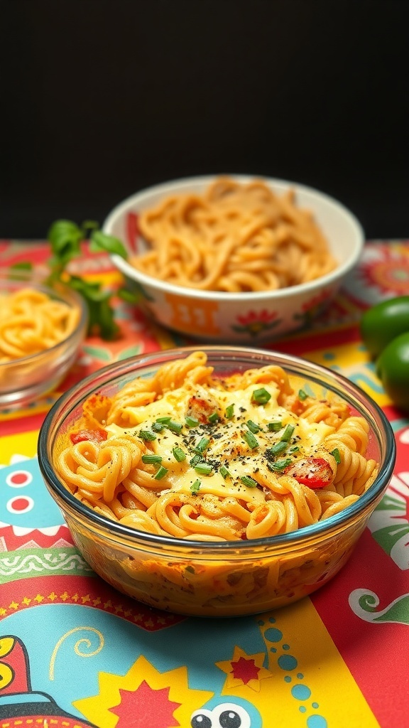 A colorful bowl of ramen noodle casserole topped with cheese and herbs, served on a vibrant tablecloth.