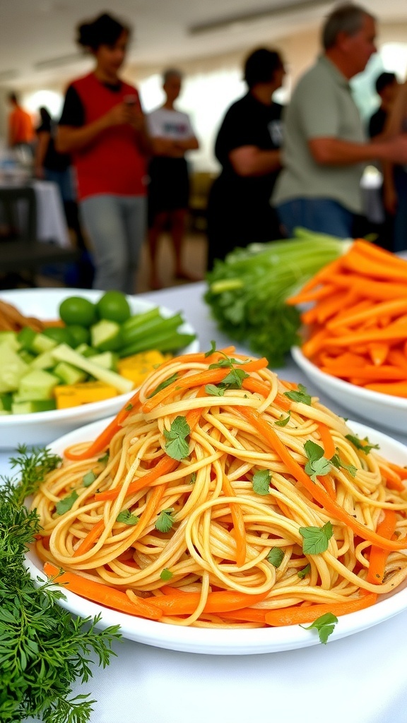 A noodle salad with soft carrots and other vegetables, served on a white plate.