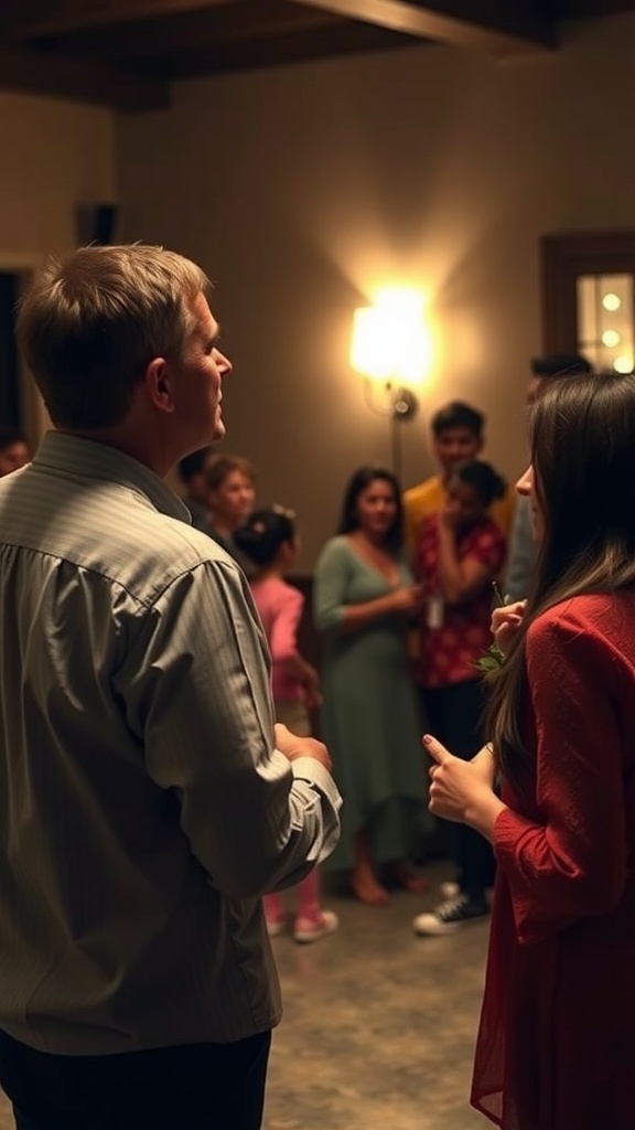 A man and a woman talking at a gathering with others in the background.