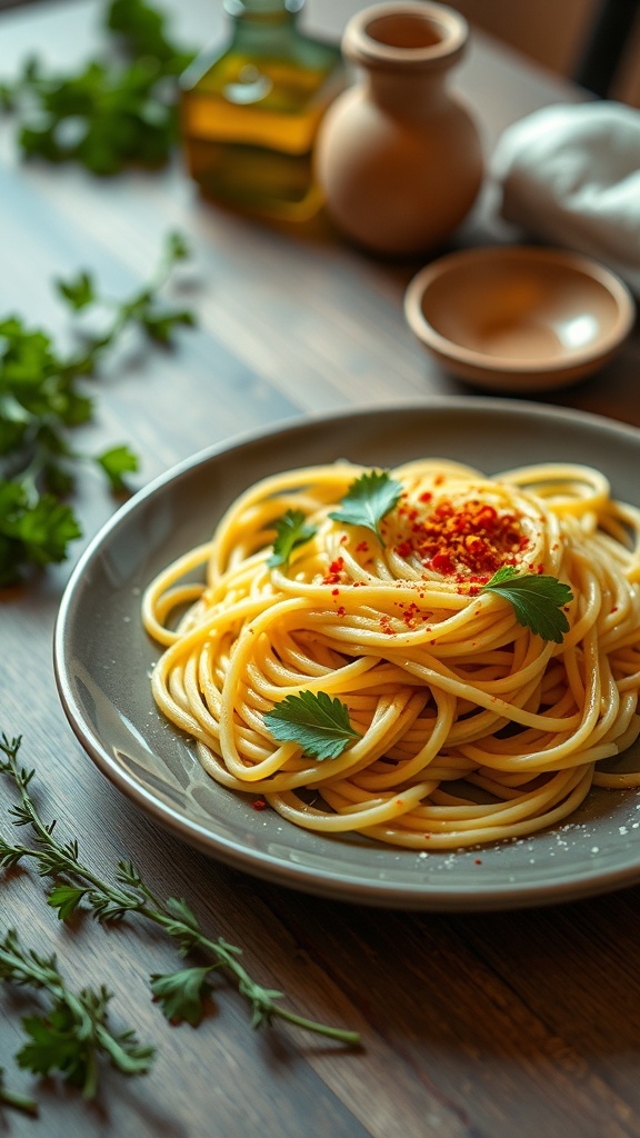 A plate of spaghetti aglio e olio garnished with parsley and red pepper flakes, with olive oil and garlic in the background.
