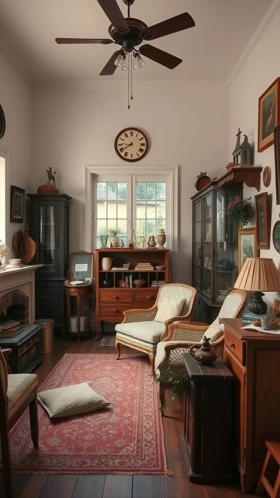 A cozy vintage-inspired room with wooden furniture, a clock, and a warm rug.