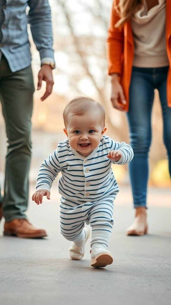 A happy baby in a striped outfit running towards their parents, showing excitement and joy in taking their first steps.