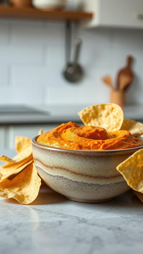 A bowl of sweet potato dip surrounded by tortilla chips on a marble countertop.