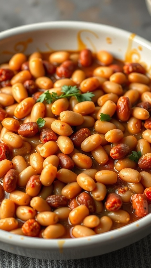 A bowl of bland bean casserole with various beans and a sprinkle of cilantro on top.