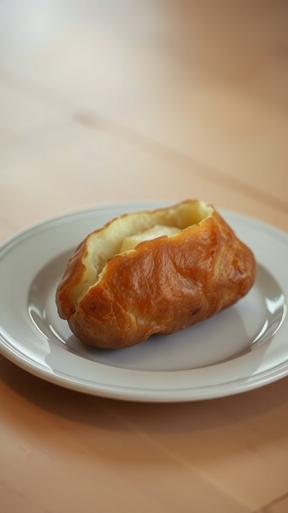 A baked potato on a white plate.