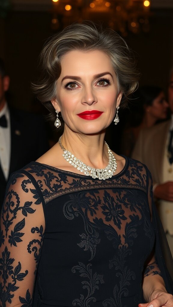 A woman over 50 with elegant makeup, featuring a bold red lip, wearing a black dress with lace details and a sparkling necklace.