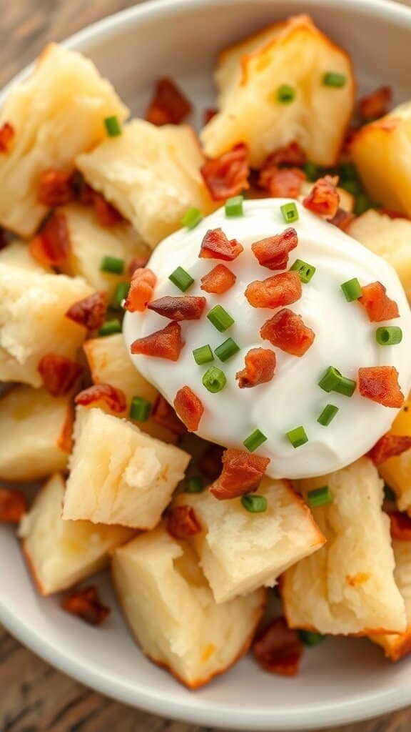A bowl of microwave baked potatoes topped with sour cream, bacon bits, and chives.