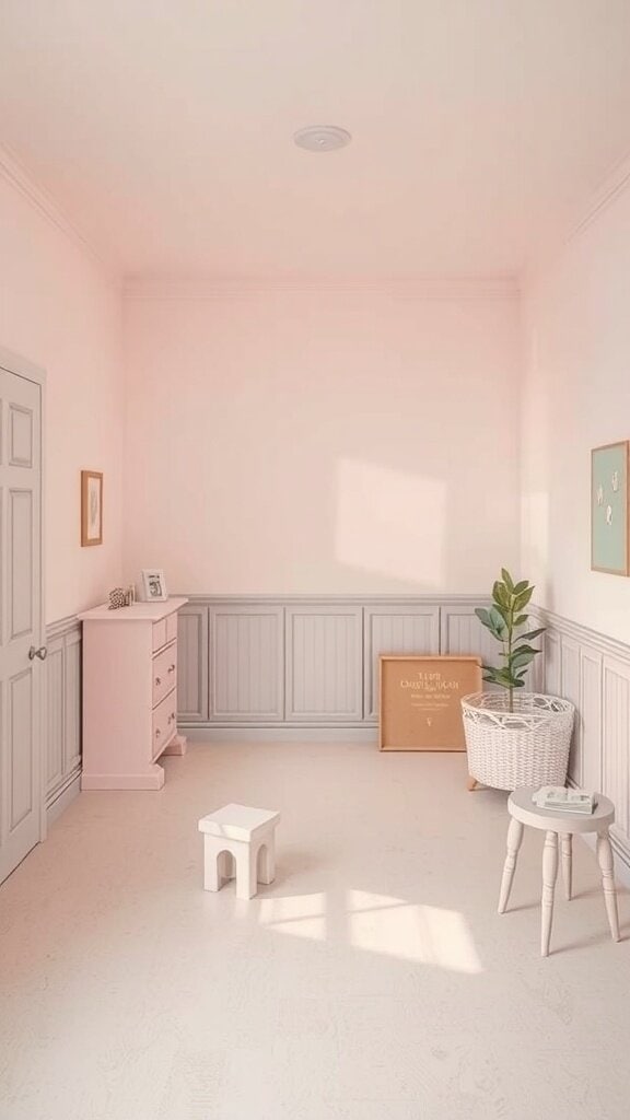 A softly decorated room with pastel pink walls, a light wooden floor, and minimal furniture.