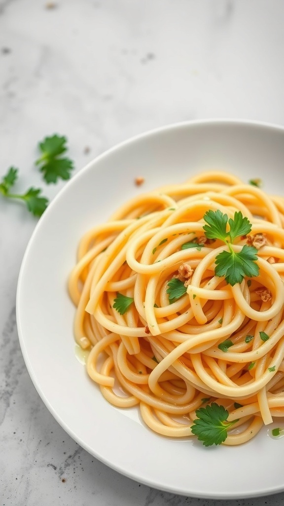 A plate of spaghetti with garlic and olive oil, garnished with fresh herbs.