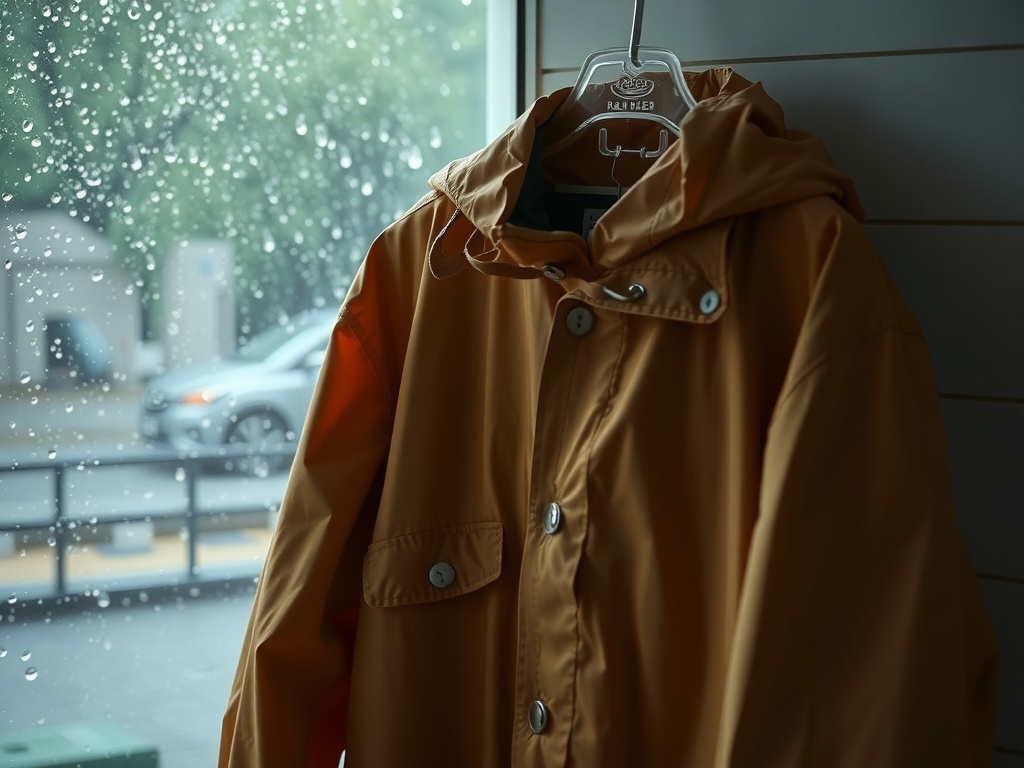 A stylish yellow rain jacket hanging by a window with rain droplets outside.