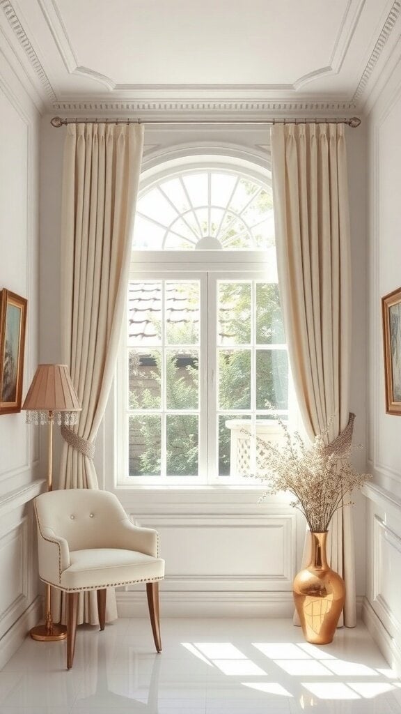 A bright room with elegant curtains, a stylish chair, and a vase with flowers by the window.