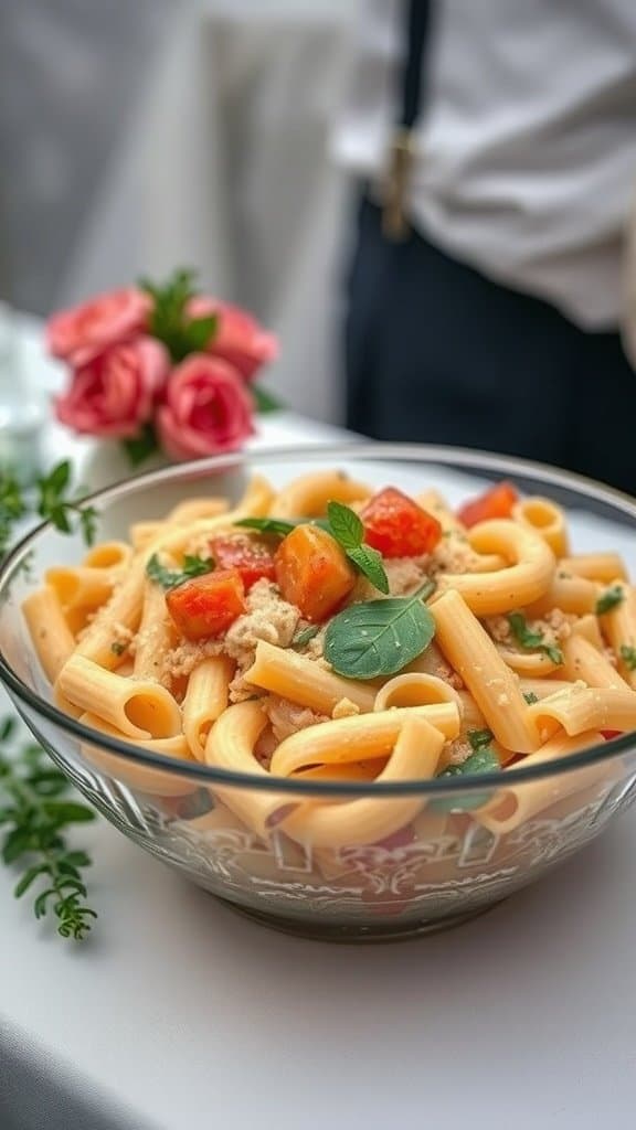 A bowl of pasta salad with colorful vegetables, set against a wedding backdrop.