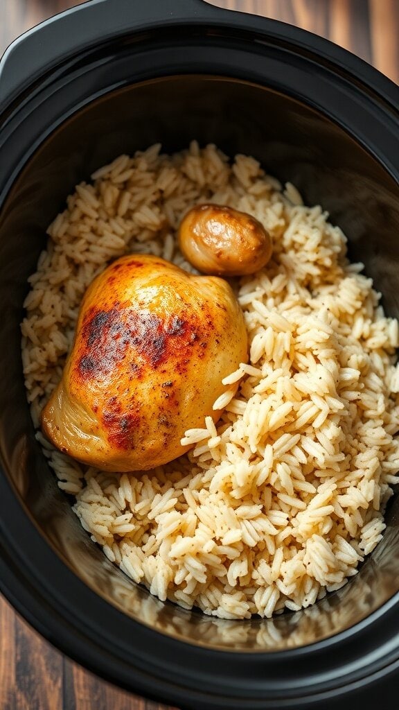 A crockpot with chicken thighs and rice, showcasing a simple meal.