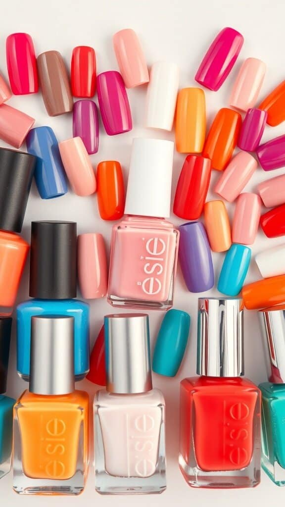 A vibrant collection of nail polish bottles in various bright colors.