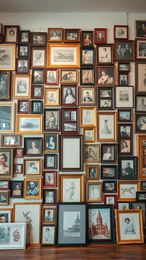 A wall filled with various framed portraits and artworks, creating a cluttered appearance.