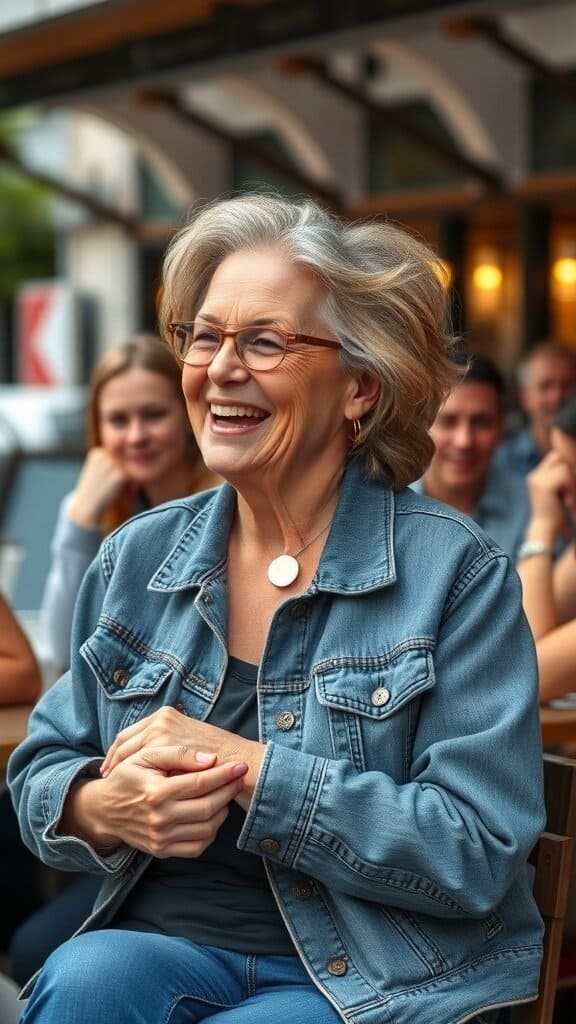 A smiling older woman wearing a denim jacket, sitting at a café with friends.