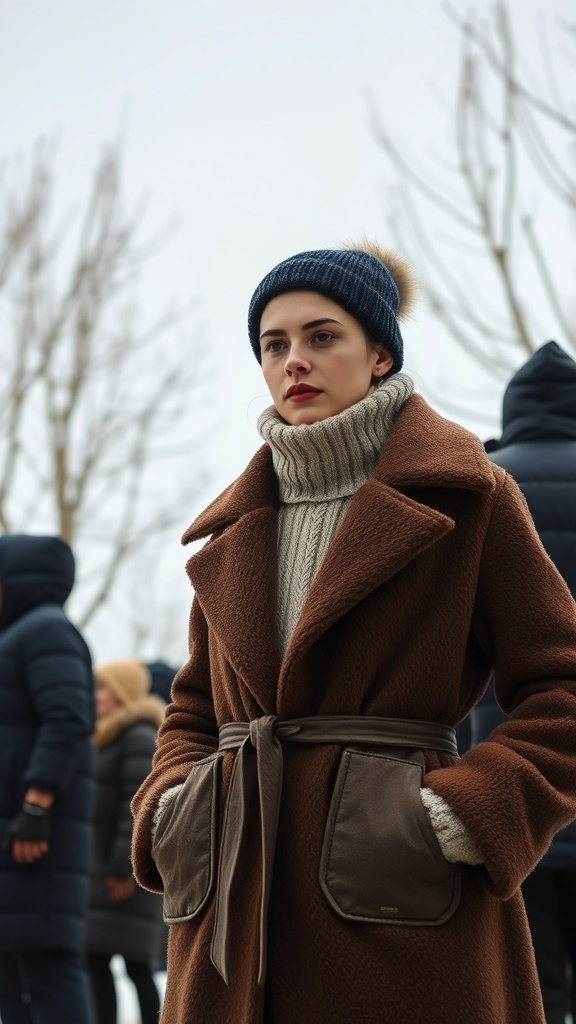 A woman wearing a brown oversized coat and a navy beanie, standing outdoors in winter.