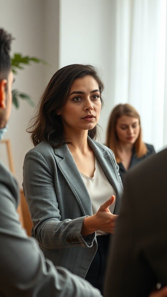 A woman in a business setting discussing with peers, showcasing confidence and communication.