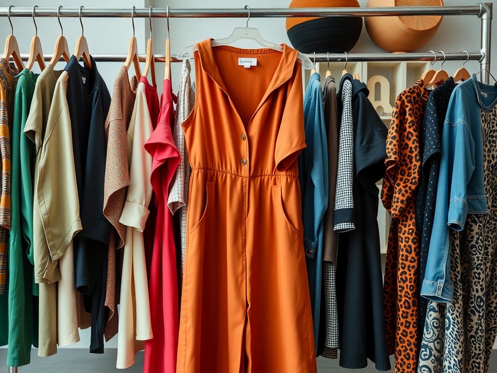 A collection of colorful clothing items with a standout orange jumpsuit in the center.