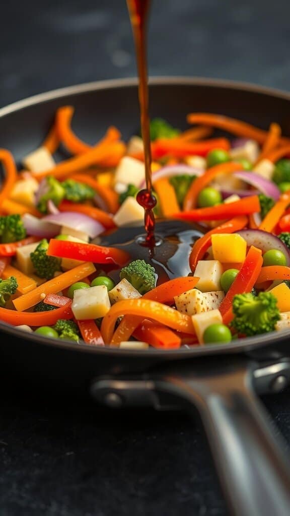 A colorful vegetable stir-fry with bell peppers, broccoli, and peas in a pan, with sauce being drizzled over.